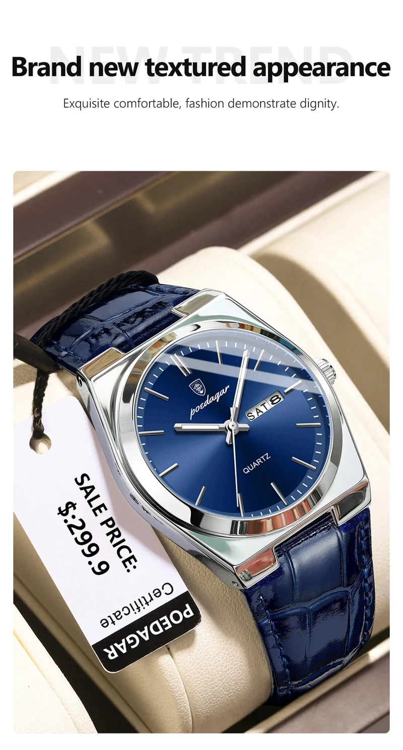POEDAGAR Luxusuhr für Männer Militär Leder Mann Armbanduhr Quarzuhr Wasserdicht Leucht Datum Woche Herrenuhren Reloj + Box
