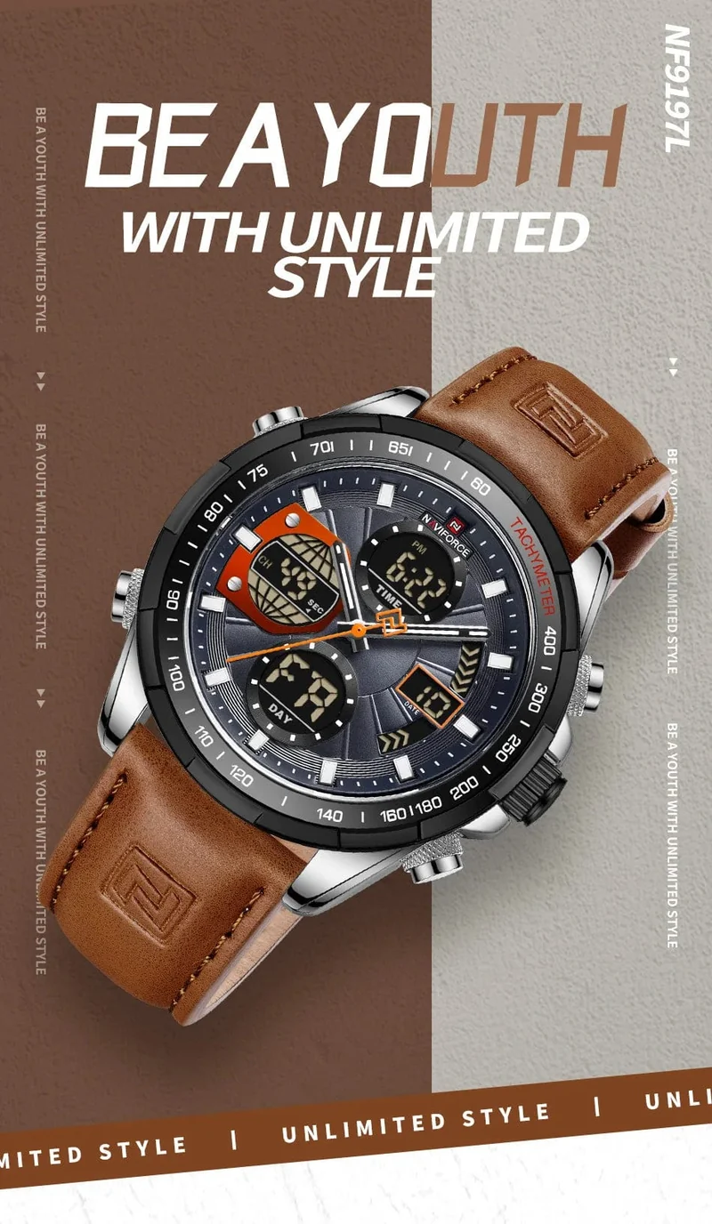 2022 NAVIFORCE Sport Uhren für Männer Starke Leucht Dual Display Wasserdicht Quarz Echtes Leder Armbanduhr Relogio Masculino