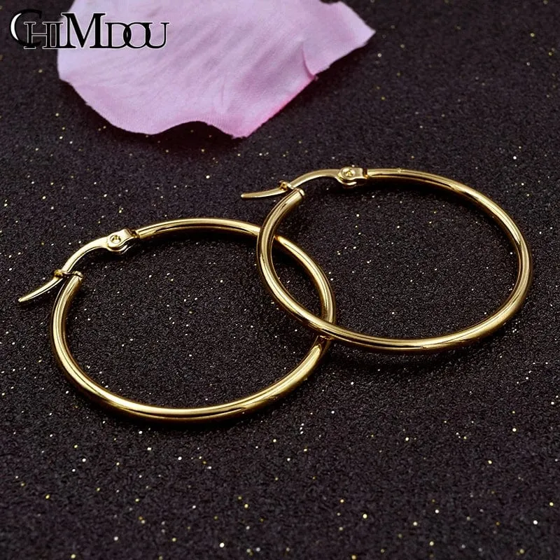 CHIMDOU Gold farbe Edelstahl Ohrringe 2024 Frauen Kleine oder Große Hoop Ohrringe Party Rock Geschenk, Zwei farben großhandel