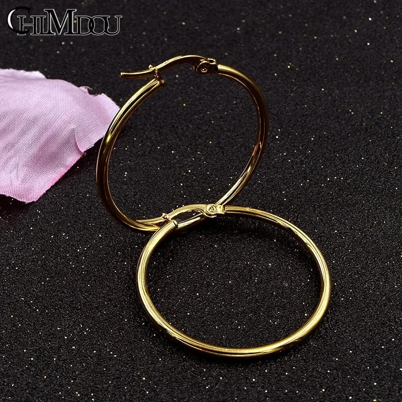 CHIMDOU Gold farbe Edelstahl Ohrringe 2024 Frauen Kleine oder Große Hoop Ohrringe Party Rock Geschenk, Zwei farben großhandel
