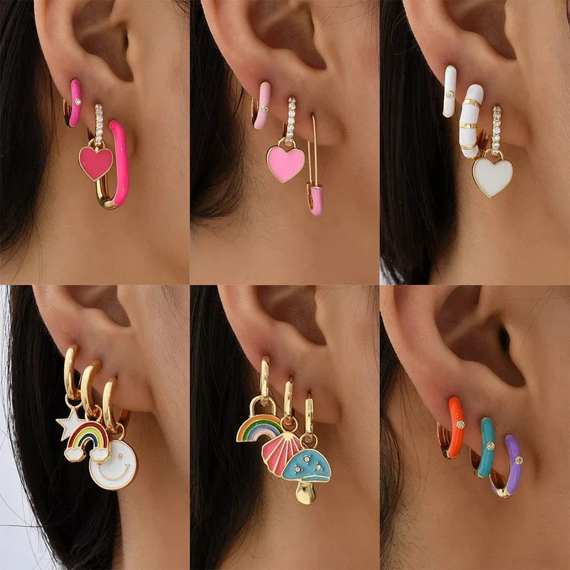 Boho-Ohrring-Set in verschiedenen Farben, rund, mit süßem Herz- und Sternanhänger für Damen und Mädchen