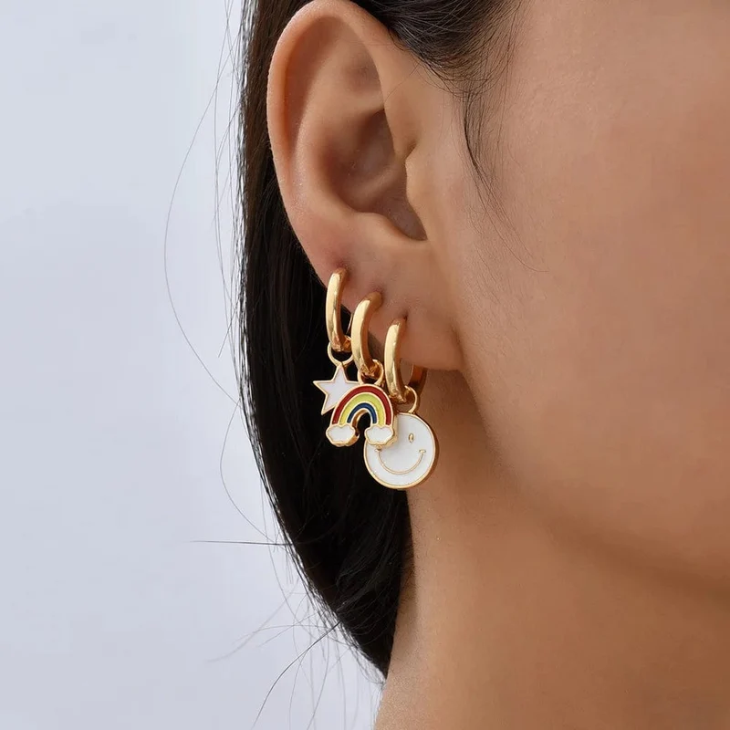 Boho-Ohrring-Set in verschiedenen Farben, rund, mit süßem Herz- und Sternanhänger für Damen und Mädchen