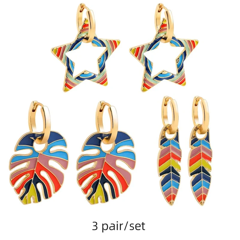 Boho-Ohrring-Set in verschiedenen Farben, rund, mit süßem Herz- und Sternanhänger für Damen und Mädchen