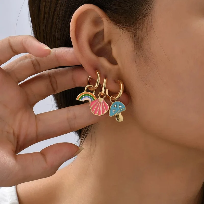 Boho-Ohrring-Set in verschiedenen Farben, rund, mit süßem Herz- und Sternanhänger für Damen und Mädchen