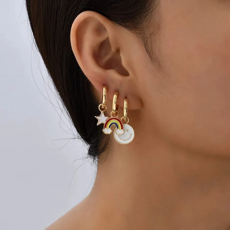 Boho-Ohrring-Set in verschiedenen Farben, rund, mit süßem Herz- und Sternanhänger für Damen und Mädchen