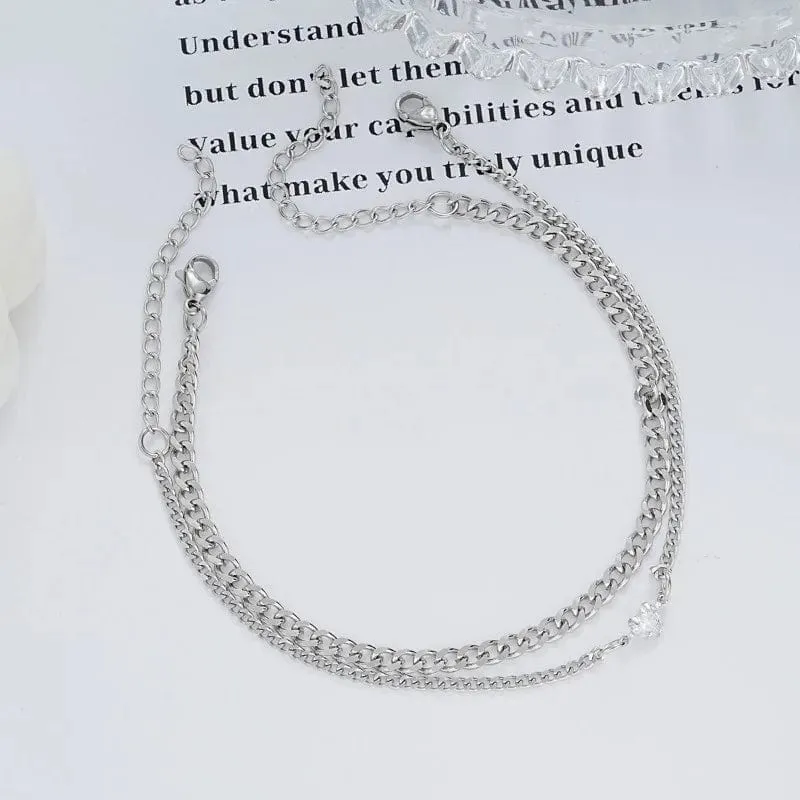 2-teiliges schlichtes, modisches Armband-Set aus Edelstahl für Paare, Unisex, Frauen und Männer, Liebhaber, Kristallherz, silbrige Kette, Armbänder, Schmuck