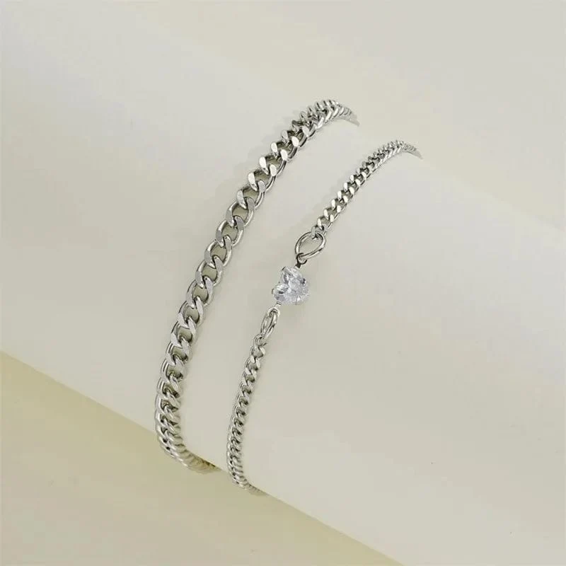 2-teiliges schlichtes, modisches Armband-Set aus Edelstahl für Paare, Unisex, Frauen und Männer, Liebhaber, Kristallherz, silbrige Kette, Armbänder, Schmuck