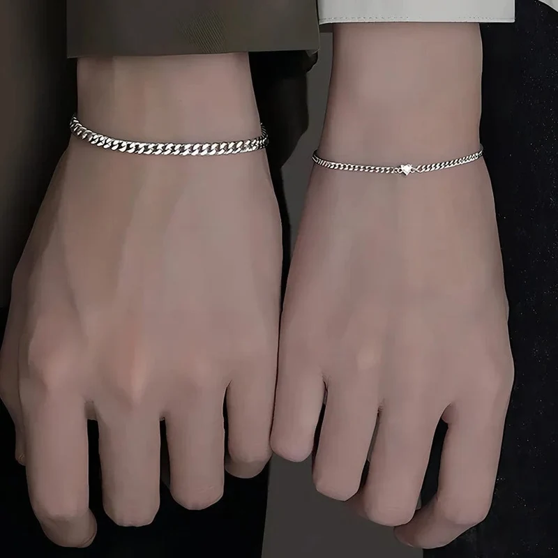 2-teiliges schlichtes, modisches Armband-Set aus Edelstahl für Paare, Unisex, Frauen und Männer, Liebhaber, Kristallherz, silbrige Kette, Armbänder, Schmuck