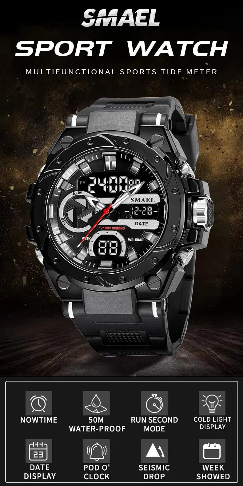 SMAEL Marke Sport Uhren 50M Wateproof Dual Time Display Uhren LED 8029 Stoppuhren Alarm Multifunktionale herren Armbanduhren
