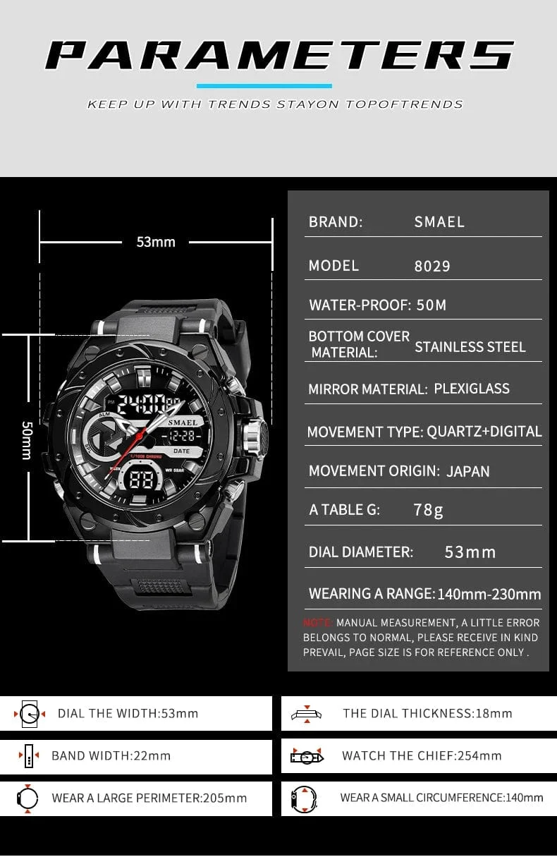 SMAEL Marke Sport Uhren 50M Wateproof Dual Time Display Uhren LED 8029 Stoppuhren Alarm Multifunktionale herren Armbanduhren