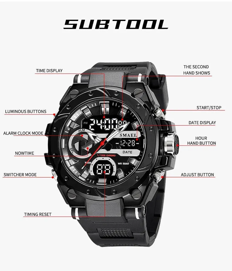 SMAEL Marke Sport Uhren 50M Wateproof Dual Time Display Uhren LED 8029 Stoppuhren Alarm Multifunktionale herren Armbanduhren