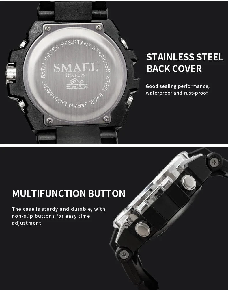 SMAEL Marke Sport Uhren 50M Wateproof Dual Time Display Uhren LED 8029 Stoppuhren Alarm Multifunktionale herren Armbanduhren