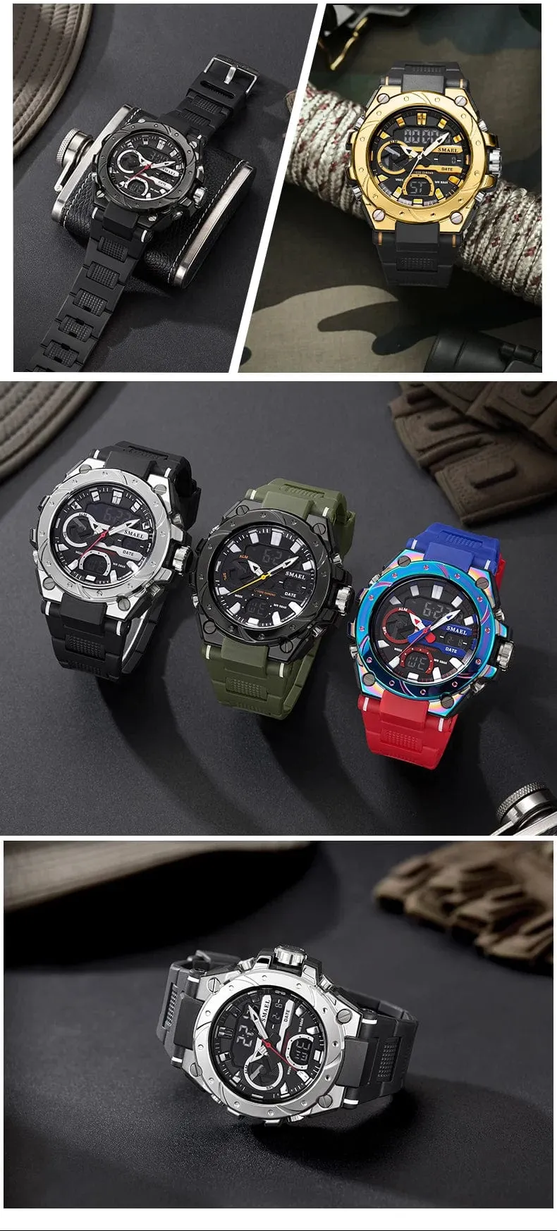 SMAEL Marke Sport Uhren 50M Wateproof Dual Time Display Uhren LED 8029 Stoppuhren Alarm Multifunktionale herren Armbanduhren