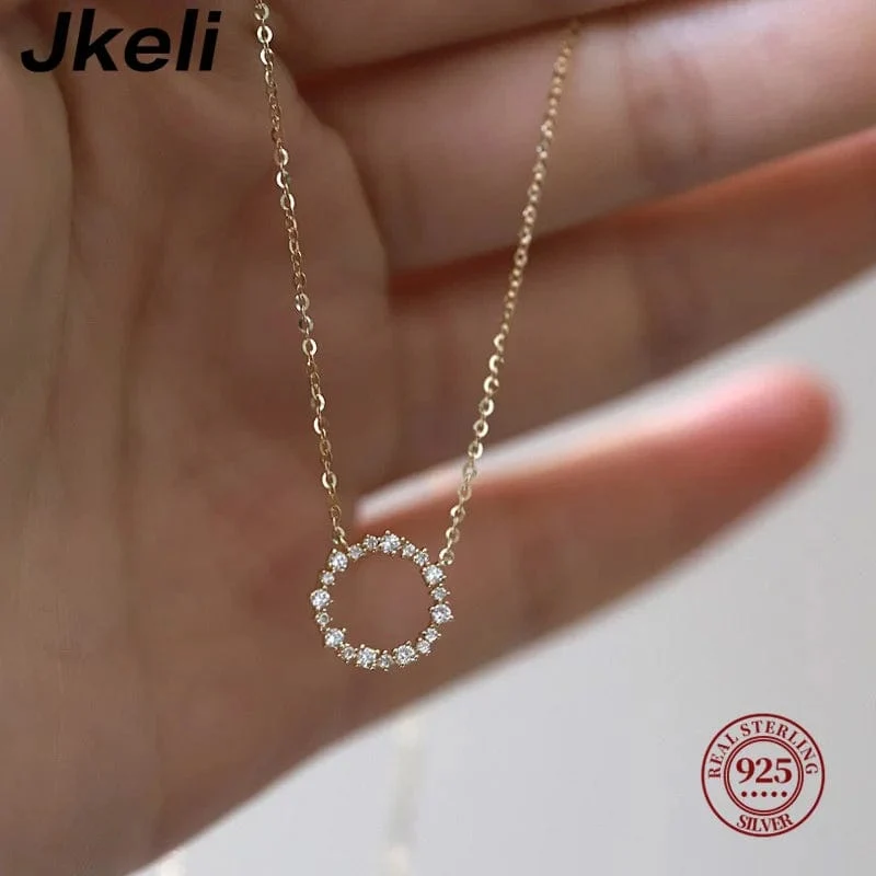 Jkeli - Halskette aus 100 % S925 Sterlingsilber, vergoldet mit 18 Karat Gold und voller Diamantkreis-Stil, japanische und koreanische K-Gold-Halskette