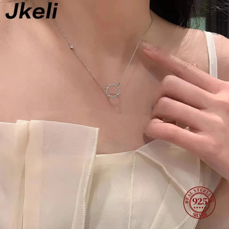Jkeli - Halskette aus 100 % S925 Sterlingsilber, vergoldet mit 18 Karat Gold und voller Diamantkreis-Stil, japanische und koreanische K-Gold-Halskette