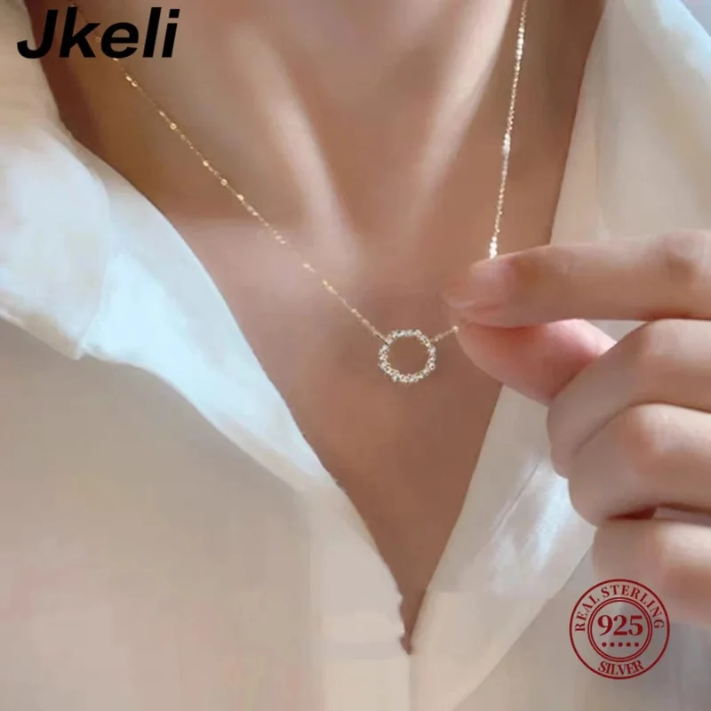 Jkeli - Halskette aus 100 % S925 Sterlingsilber, vergoldet mit 18 Karat Gold und voller Diamantkreis-Stil, japanische und koreanische K-Gold-Halskette