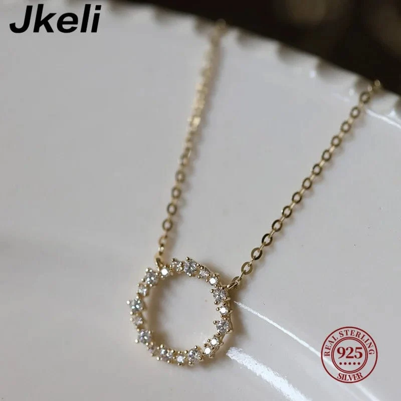 Jkeli - Halskette aus 100 % S925 Sterlingsilber, vergoldet mit 18 Karat Gold und voller Diamantkreis-Stil, japanische und koreanische K-Gold-Halskette