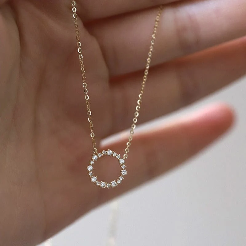 Jkeli - Halskette aus 100 % S925 Sterlingsilber, vergoldet mit 18 Karat Gold und voller Diamantkreis-Stil, japanische und koreanische K-Gold-Halskette