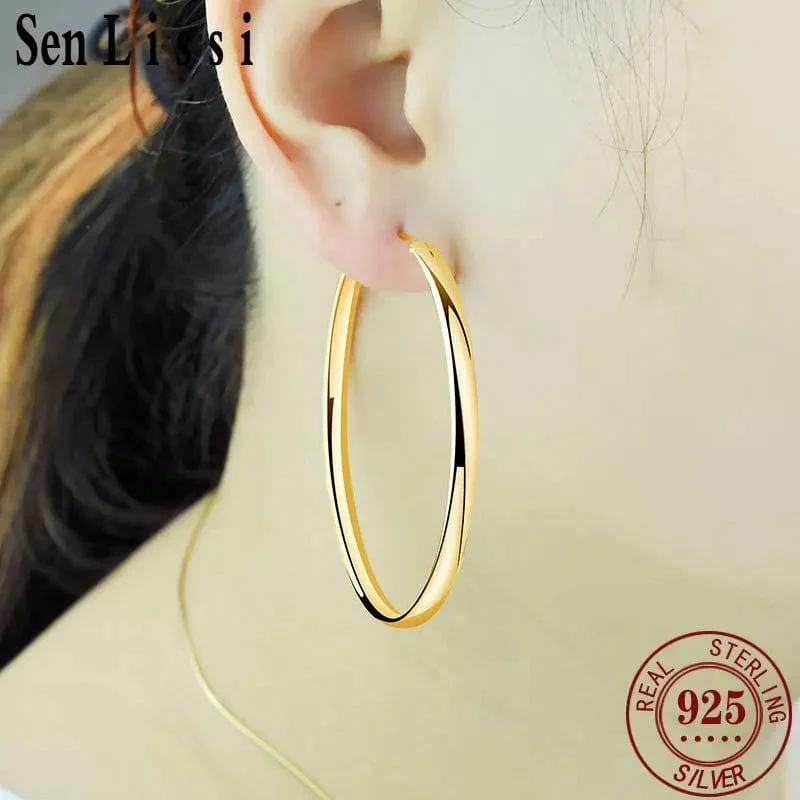 Senlissi - Neue Creolen für Frauen, 18 Karat vergoldet, 925 Sterling Silber, 3.0 mm, modischer Ohrring, Cерьги Kольца, 3/4/5/6/7 cm
