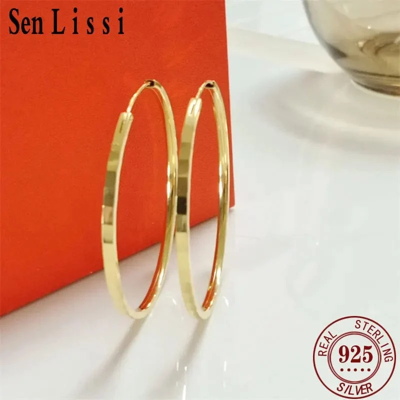 Senlissi-Neue Mode 18K vergoldet Creolen für Frauen 925 Sterling Silber 2.0 mm Mode Ohrring Cерьги Kольца 3/4/5/6 cm