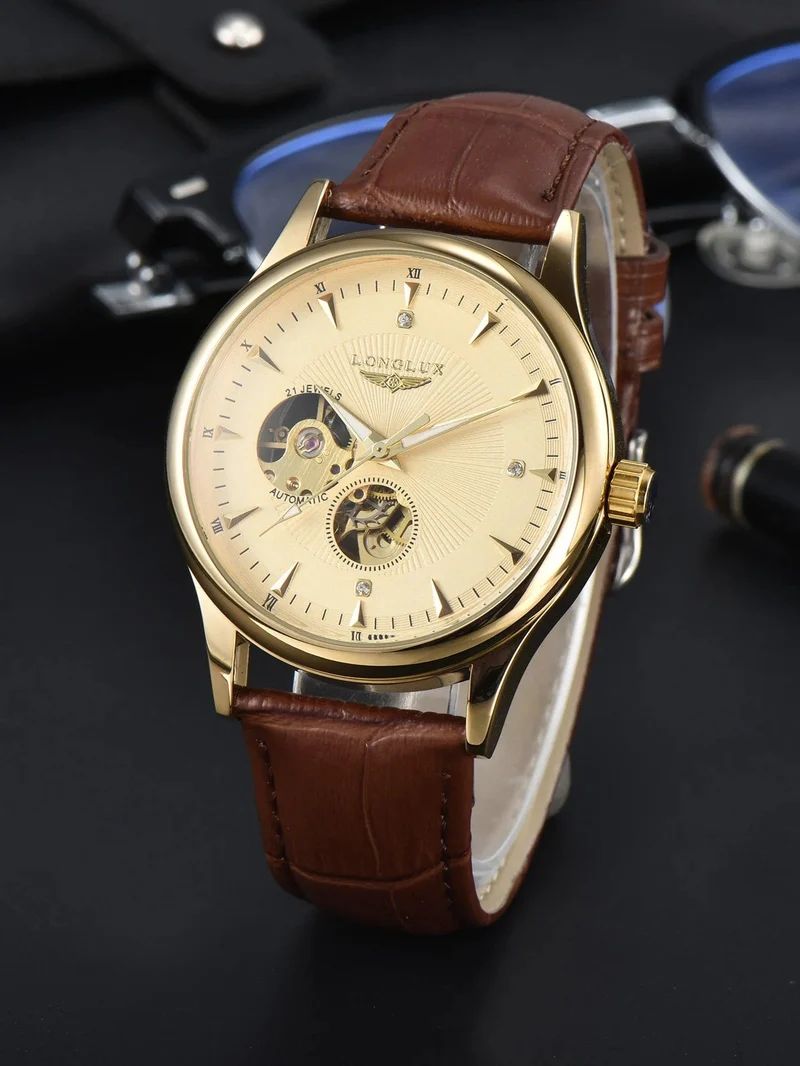 Mann uhr automatische bewegung eleganten stil großhandel automatische uhr für männer rom skelett artikel LONGLUXmechanische armbanduhren