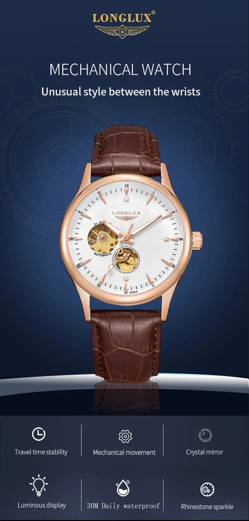 Mann uhr automatische bewegung eleganten stil großhandel automatische uhr für männer rom skelett artikel LONGLUXmechanische armbanduhren