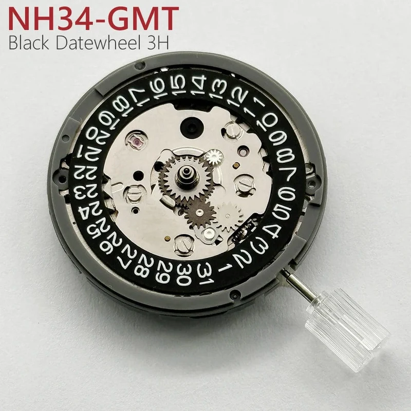 GMT NH34 Automatisches mechanisches Uhrwerk, schwarzes 3H-Datumsrad, hohe Genauigkeit, 24 Steine, NH34A 4R34, 24-Stunden-Zeiger, GMT-Funktion