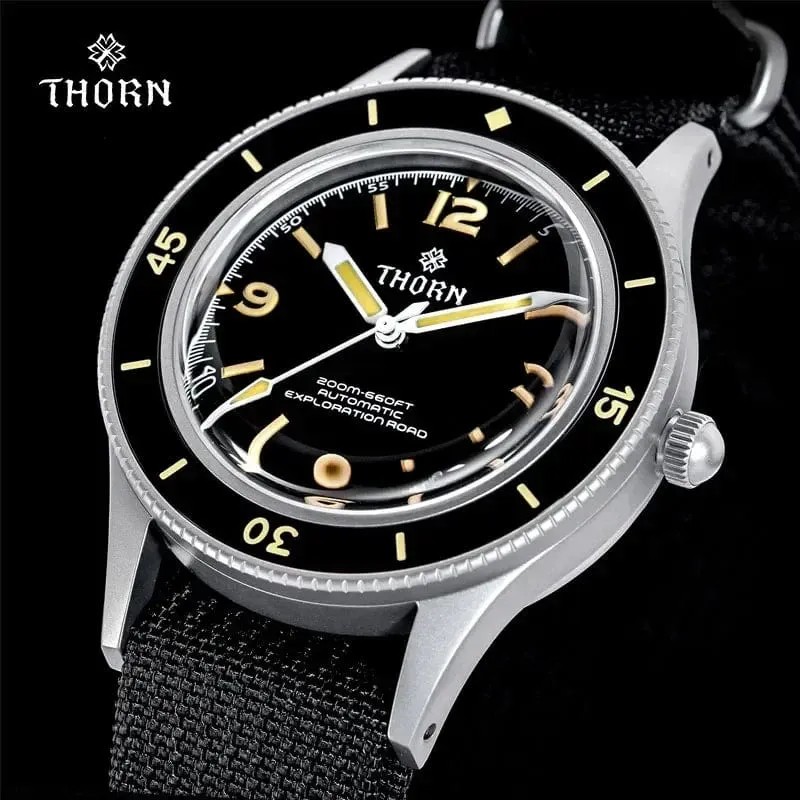 THORN 50-Fathoms Uhr Männer 40MM Vintage NH35 Bewegung Automatische K9 Mineral Kristall TR900 C3 Leuchtende Barracuda 200M Wasserdicht