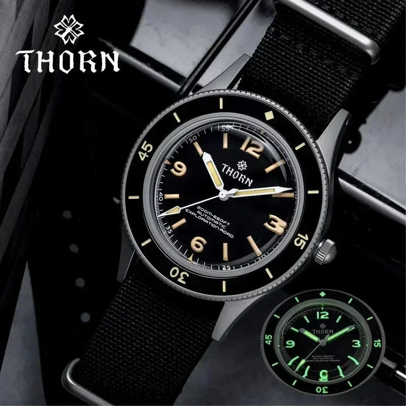 THORN 50-Fathoms Uhr Männer 40MM Vintage NH35 Bewegung Automatische K9 Mineral Kristall TR900 C3 Leuchtende Barracuda 200M Wasserdicht