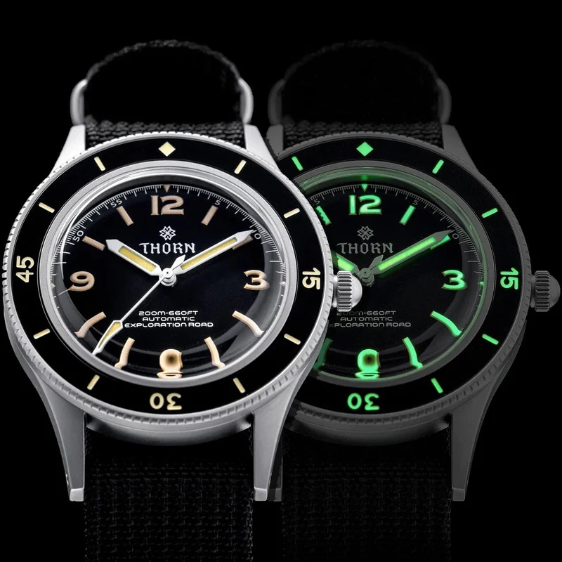 THORN 50-Fathoms Uhr Männer 40MM Vintage NH35 Bewegung Automatische K9 Mineral Kristall TR900 C3 Leuchtende Barracuda 200M Wasserdicht