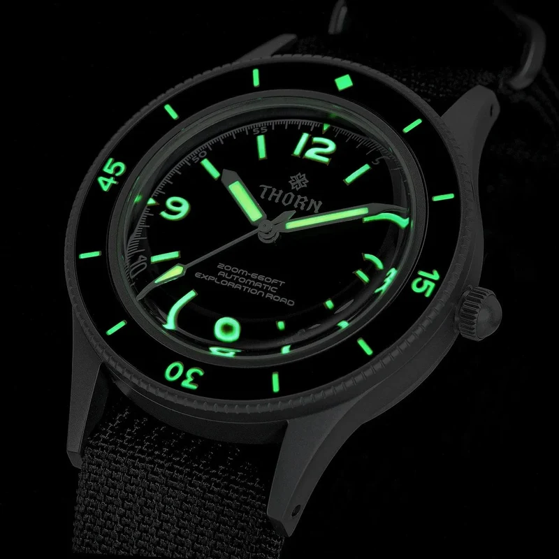 THORN 50-Fathoms Uhr Männer 40MM Vintage NH35 Bewegung Automatische K9 Mineral Kristall TR900 C3 Leuchtende Barracuda 200M Wasserdicht