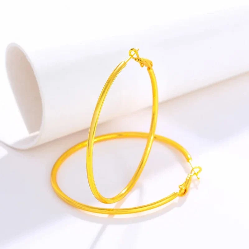 Creolen aus Gold, 24 Karat Gelbgold plattiert, rund, großer Kreis, Piercing-Ohrring-Set für Frauen, 30/40/50/60 mm, glatter Ohrmanschettenschmuck