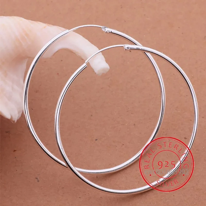 Creolen aus 100 % reinem 925er Sterlingsilber für Damen, 50 mm, 60 mm, rund, Kreisschlaufe, einfache Creolen aus Silber für Damen