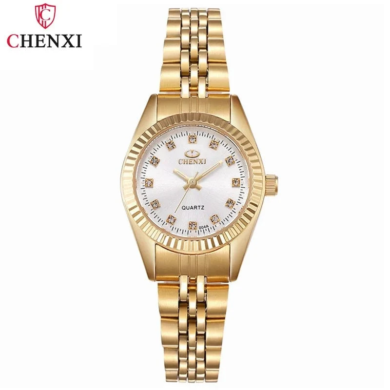 CHENXI Marke Top Luxus Damen Goldene Uhr für Frauen Uhr Weibliche frauen Kleid Strass Quarz Wasserdichte Armbanduhren