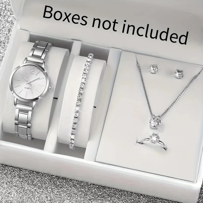 6-teiliges Set mit modischem Damen-Quarzuhr-Edelstahlband und Diamant-Schmuckset (ohne Box)