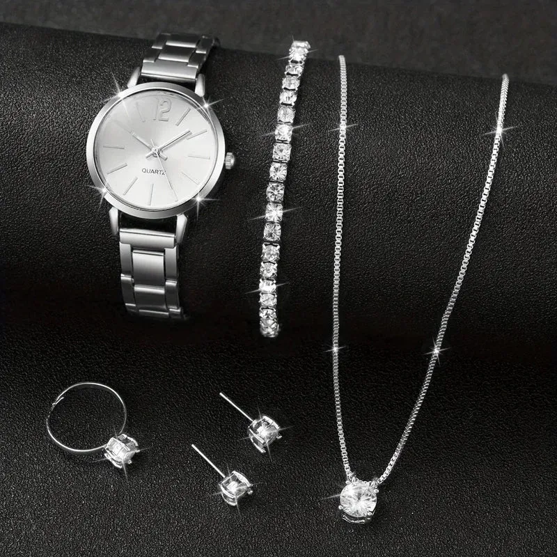 6-teiliges Set mit modischem Damen-Quarzuhr-Edelstahlband und Diamant-Schmuckset (ohne Box)