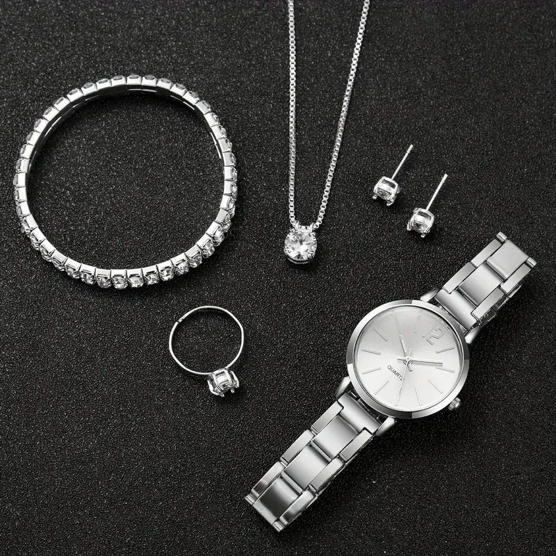 6-teiliges Set mit modischem Damen-Quarzuhr-Edelstahlband und Diamant-Schmuckset (ohne Box)