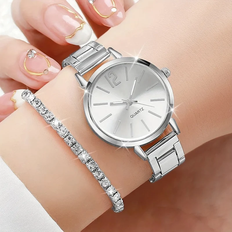 6-teiliges Set mit modischem Damen-Quarzuhr-Edelstahlband und Diamant-Schmuckset (ohne Box)