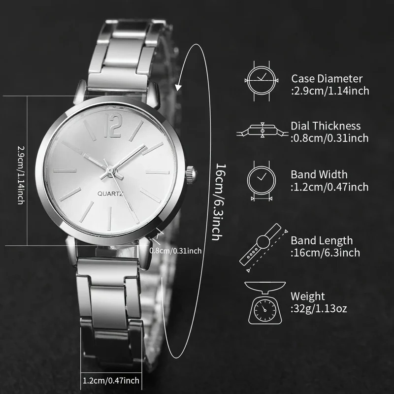 6-teiliges Set mit modischem Damen-Quarzuhr-Edelstahlband und Diamant-Schmuckset (ohne Box)