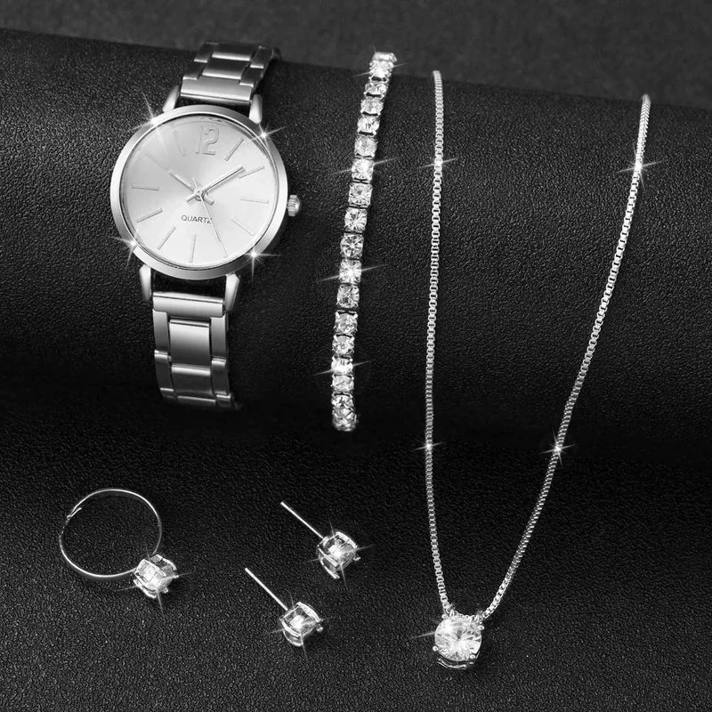 6-teiliges Set mit modischem Damen-Quarzuhr-Edelstahlband und Diamant-Schmuckset (ohne Box)