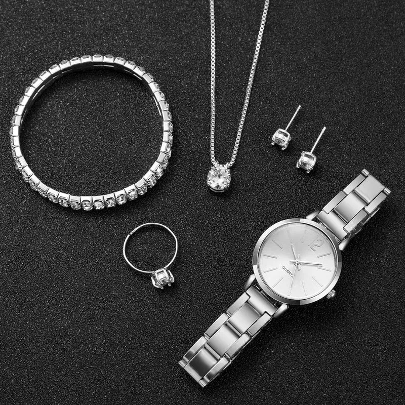 6-teiliges Set mit modischem Damen-Quarzuhr-Edelstahlband und Diamant-Schmuckset (ohne Box)