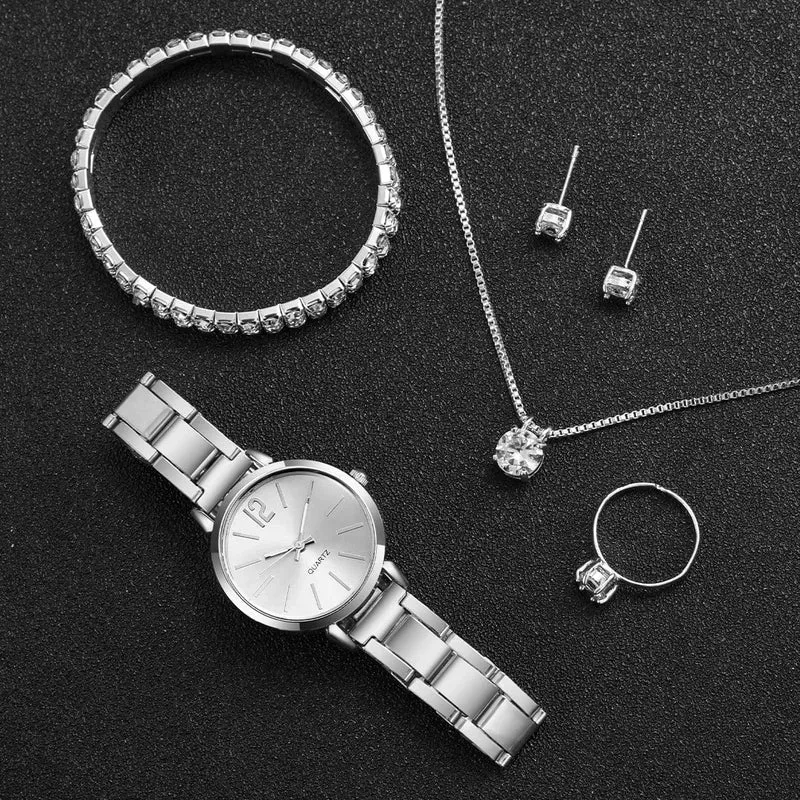 6-teiliges Set mit modischem Damen-Quarzuhr-Edelstahlband und Diamant-Schmuckset (ohne Box)