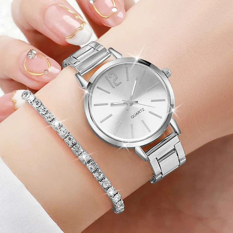 6-teiliges Set mit modischem Damen-Quarzuhr-Edelstahlband und Diamant-Schmuckset (ohne Box)