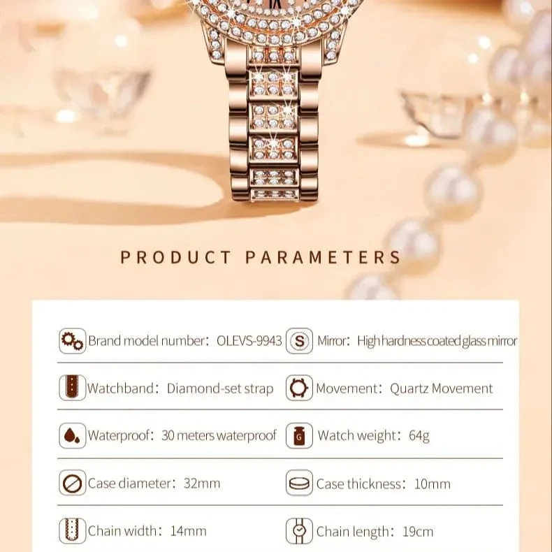 OLEVS Damenuhr mit Volldiamanten und römischem Zifferblatt, luxuriös, elegant, Edelstahl, wasserdicht, hochwertige Quarzuhr, 9943