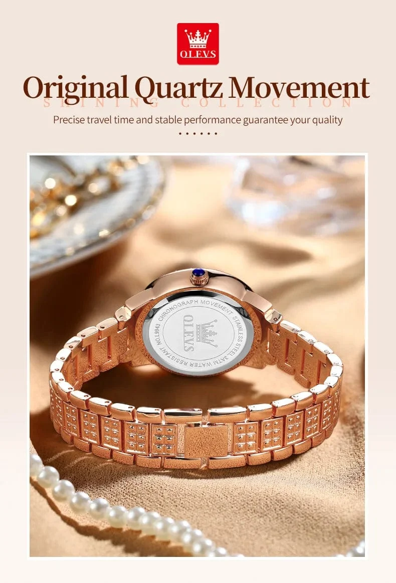 OLEVS Damenuhr mit Volldiamanten und römischem Zifferblatt, luxuriös, elegant, Edelstahl, wasserdicht, hochwertige Quarzuhr, 9943