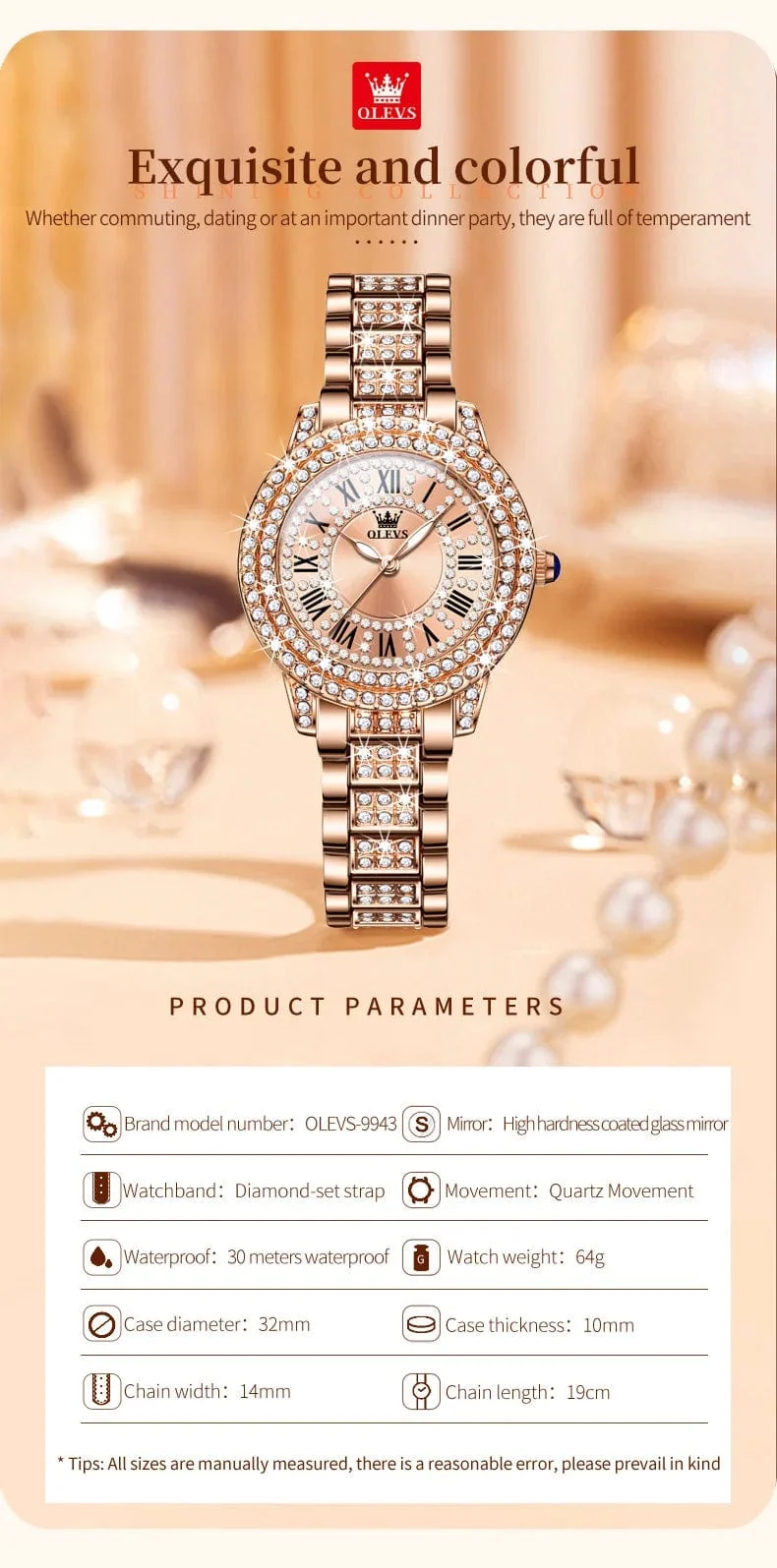 OLEVS Damenuhr mit Volldiamanten und römischem Zifferblatt, luxuriös, elegant, Edelstahl, wasserdicht, hochwertige Quarzuhr, 9943