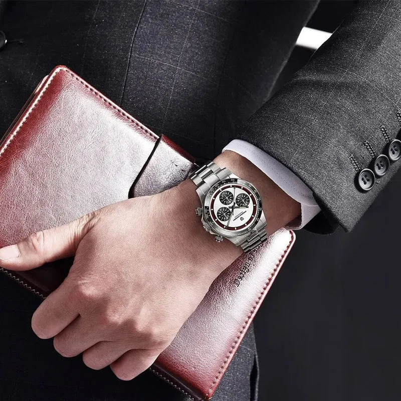 PAGANI DESIGN 2024 Neue Herren-Quarz-Armbanduhr, modische Keramik-Lünette, Chronograph, Stoppuhr, wasserdicht, 100 m, Edelstahl-Uhr für Herren