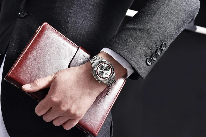 PAGANI DESIGN 2024 Neue Herren-Quarz-Armbanduhr, modische Keramik-Lünette, Chronograph, Stoppuhr, wasserdicht, 100 m, Edelstahl-Uhr für Herren