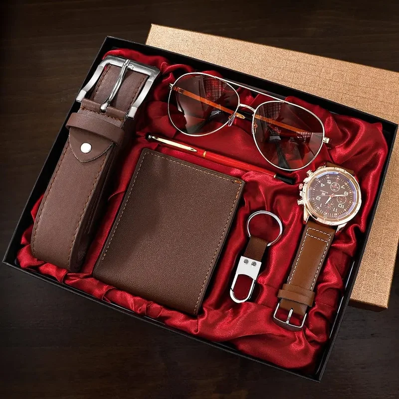 SHAARMS Herren-Geschenkuhr, Business-Luxus-Unternehmen, Herren-Set 6 in 1, Uhr, Brille, Stift, Schlüsselanhänger, Gürtel, Geldbörse, Willkommen, Urlaub, Geburtstag