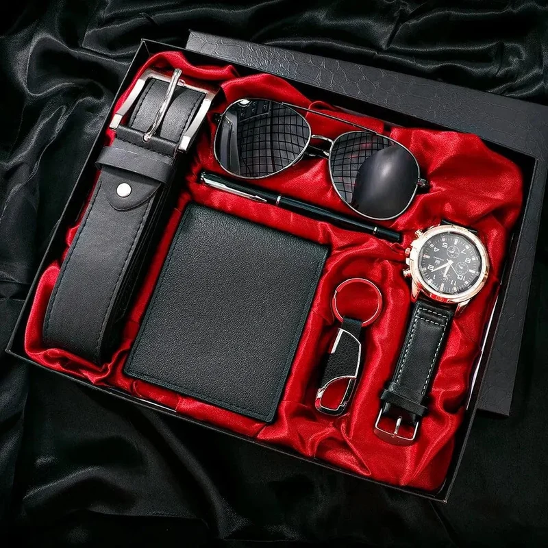 SHAARMS Herren-Geschenkuhr, Business-Luxus-Unternehmen, Herren-Set 6 in 1, Uhr, Brille, Stift, Schlüsselanhänger, Gürtel, Geldbörse, Willkommen, Urlaub, Geburtstag